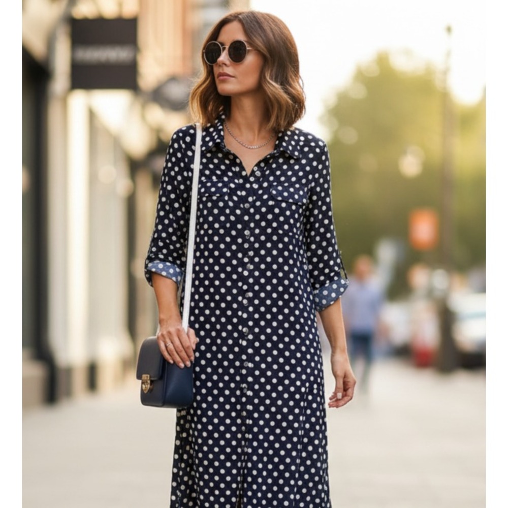 Dressbarn 10 Shirt Dress Blue White Polka Dot Retro Classic Preppy Office